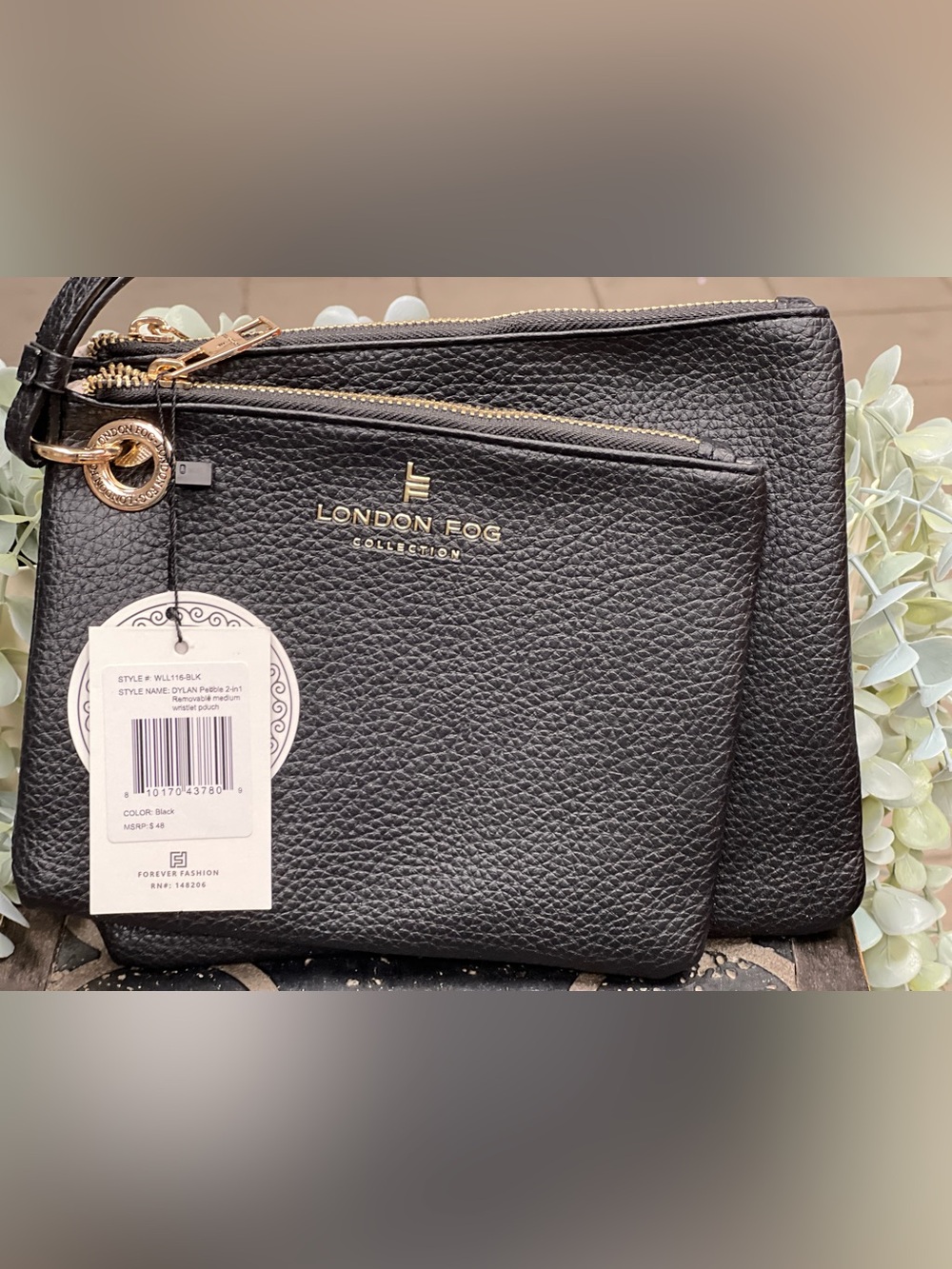 London Fog Black Pebbled Leather Wristlet & Pouch